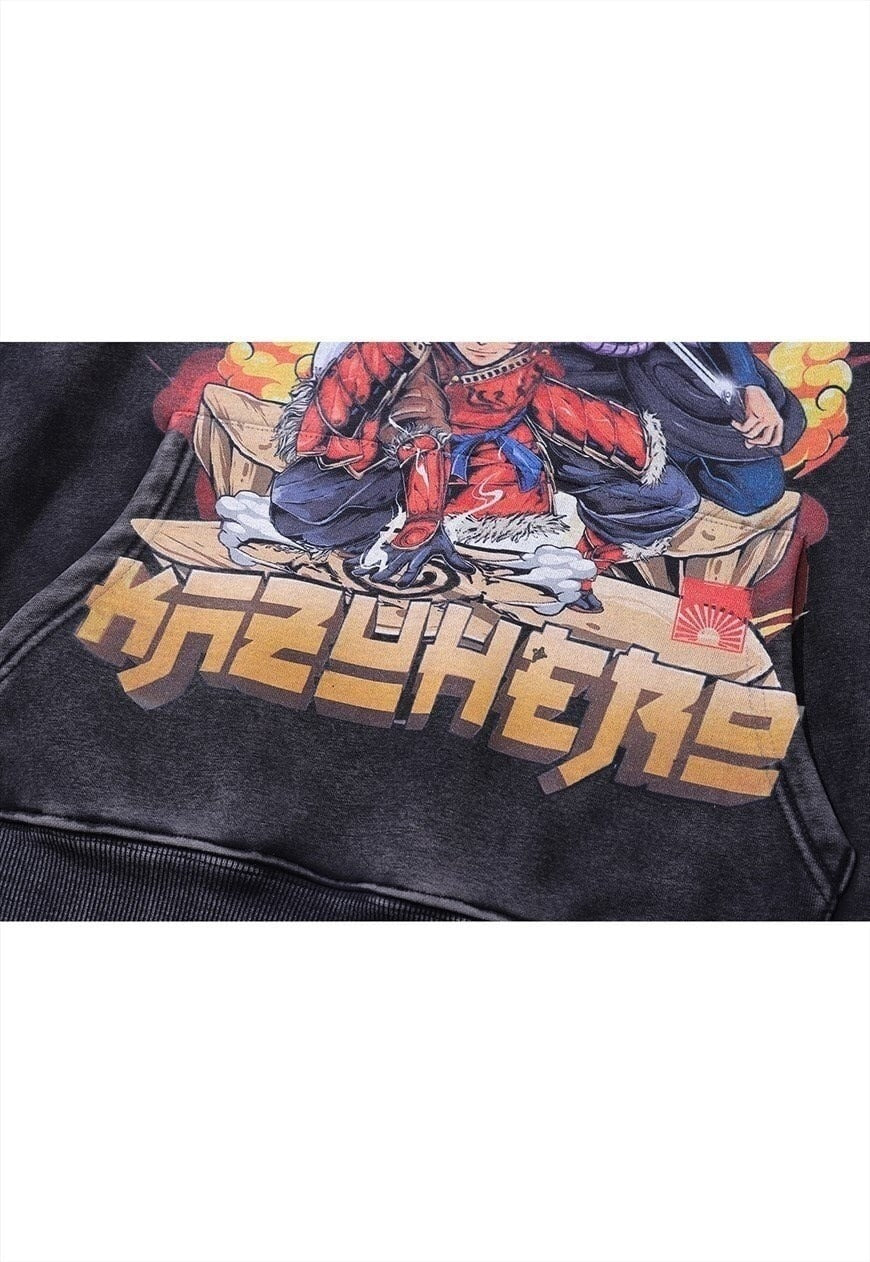 Anime hoodie vintage wash pullover jumper in grey