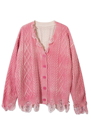 Grunge cardigan oil wash cable knitted ripped punk sweater