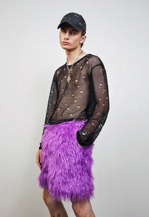 Faux fur shorts purple shaggy cropped pants raver joggers