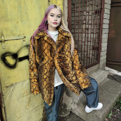 Luxury faux fur snake coat python print bomber handmade fluffy crocodile jacket fleece puffer premium grunge snake skin trench in yellow