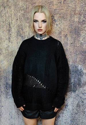 Ripped sweater see-through jumper sheer knitted top in black