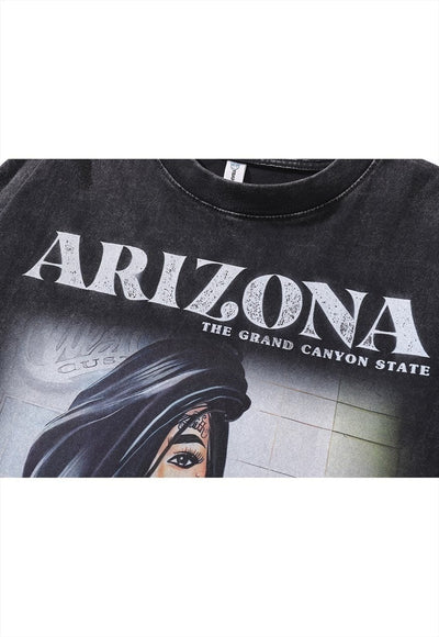 Arizona t-shirt vintage wash girl cartoon top long tee grey