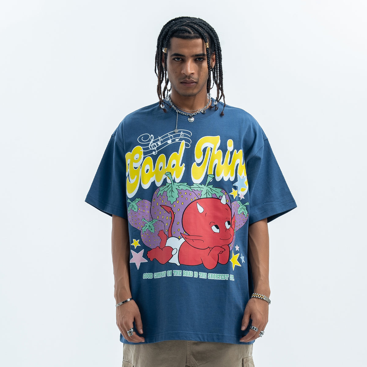 Little devil t-shirt retro devil cartoon top hell print tee in blue