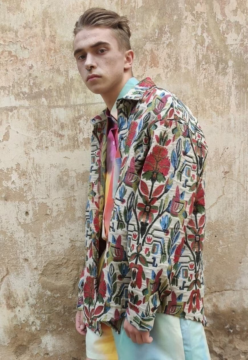Aztec print thick shirt loose retro floral jacket in brown