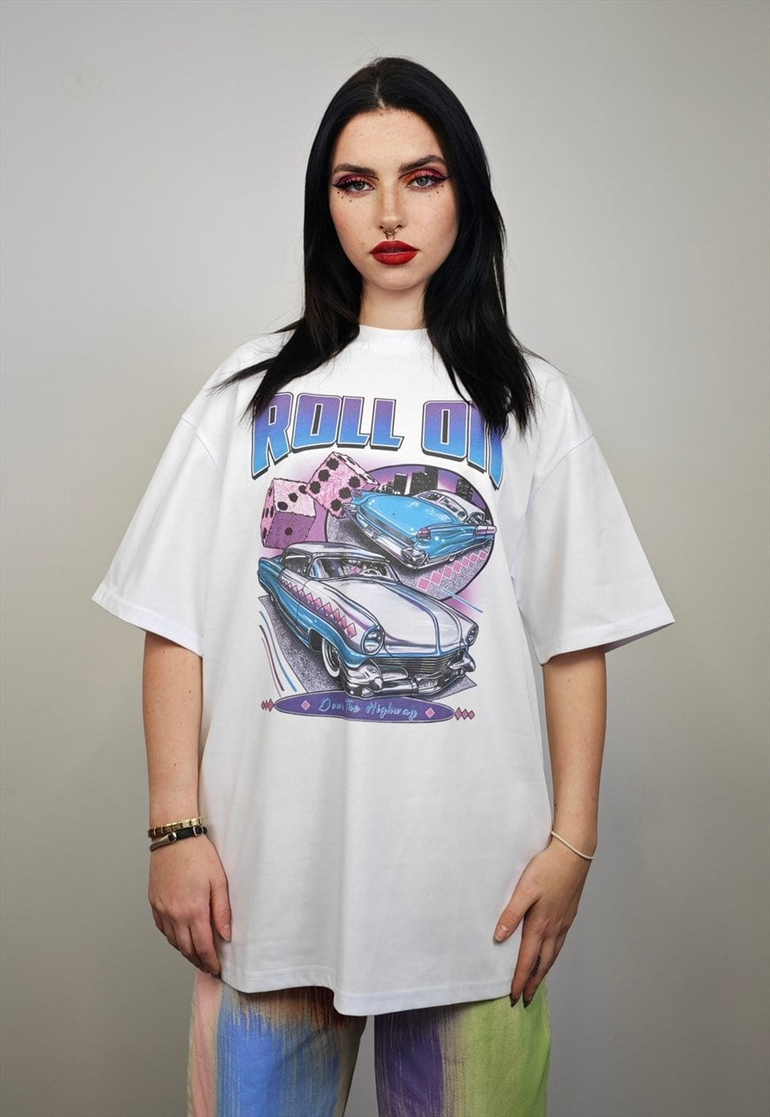 Mustang print t-shirt retro car top 60s vibe  tee in white