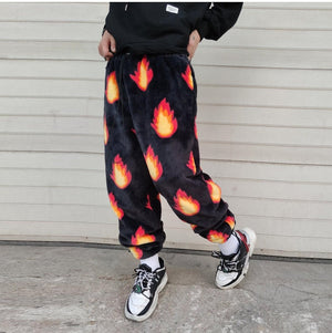 Flame fleece joggers luxury fluffy pants handmade thunder print trousers long hair premium fire festival overalls in black