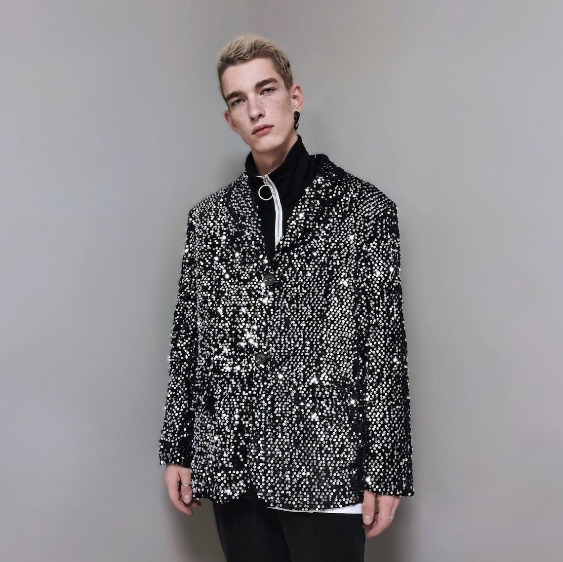 Silver sequin blazer metallic jacket formal going out embellished frock luminous sparkle b