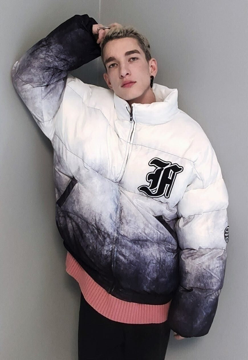 Gradient bomber jacket tie-dye patch varsity in blue white