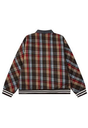 Retro plaid jacket woollen checked bomber in brown