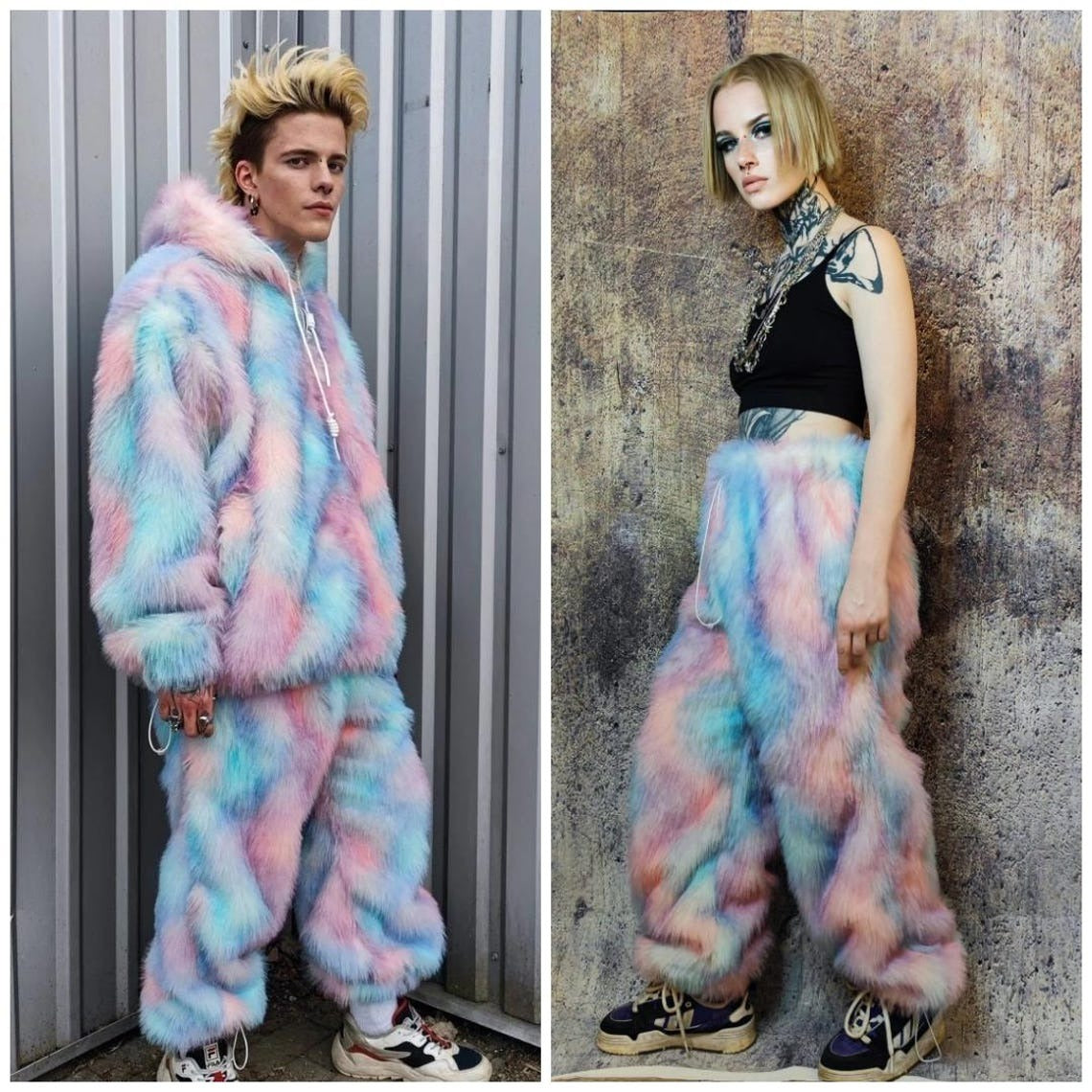 Rainbow faux fur joggers tie-dye pants shaggy gay trousers LGBT bottoms fuzzy unicorn overalls festival jumpsuit carnival fleece set