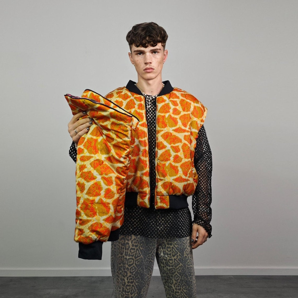 Giraffe bomber animal print jacket orange wildlife reversible college varsity detachable sleeves handmade raver puffer tribal African coat
