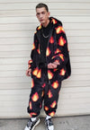 Flame fleece joggers luxury fluffy pants handmade thunder print trousers long hair premium fire festival overalls in black