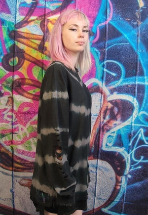 Tie-dye graffiti jumper 2 layer retro long t-shirt in black