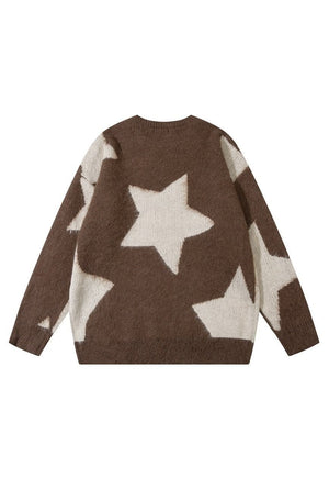 Fluffy sweater star print fleece knitted soft jumper brown