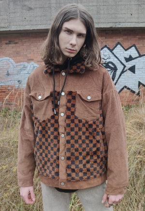 Reworked velvet jacket SKA check fleece patch bomber brown