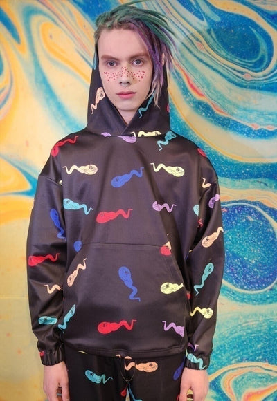 Emoji baggy hoodie handmade y2k cat cartoon pullover black