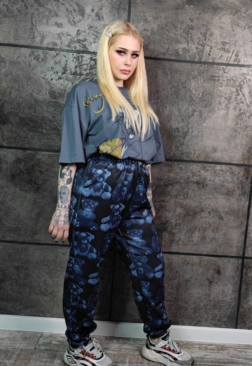 Teddy bear print joggers handmade Gothic overalls in blue