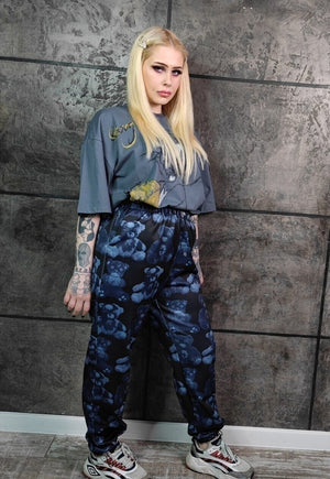 Teddy bear print joggers handmade Gothic overalls in blue