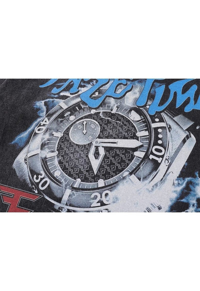 Watch print t-shirt time slogan tee gangster top acid grey