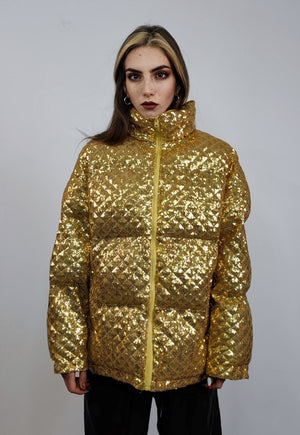 Sequin bomber jacket gold metallic embellished party puffer