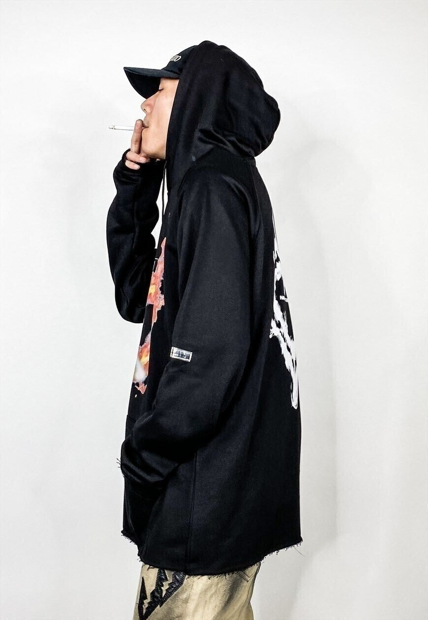 Flame heart print hooded top fire burn Korean hoodie black