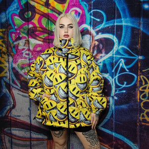 Emoji bomber handmade detachable smile print puffer reversible raver jacket grunge devil horn coat two sided jacket in yellow