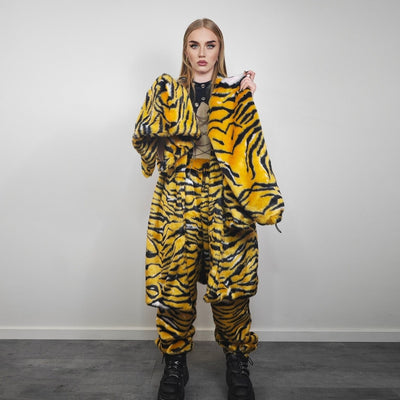 Tiger fur coat striped pattern longline trench glam rocker overcoat animal print bomber festival jacket customizable zebra peacoat in yellow