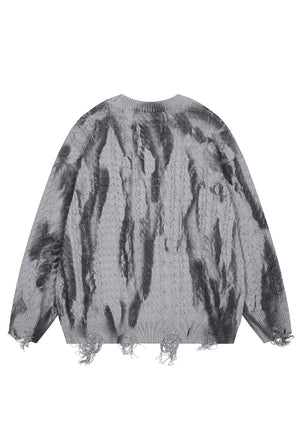 Oil wash cable sweater ripped jumper dirty wash top in grey