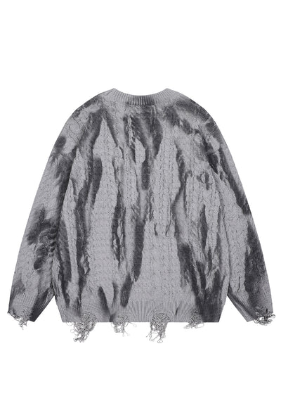 Oil wash cable sweater ripped jumper dirty wash top in grey