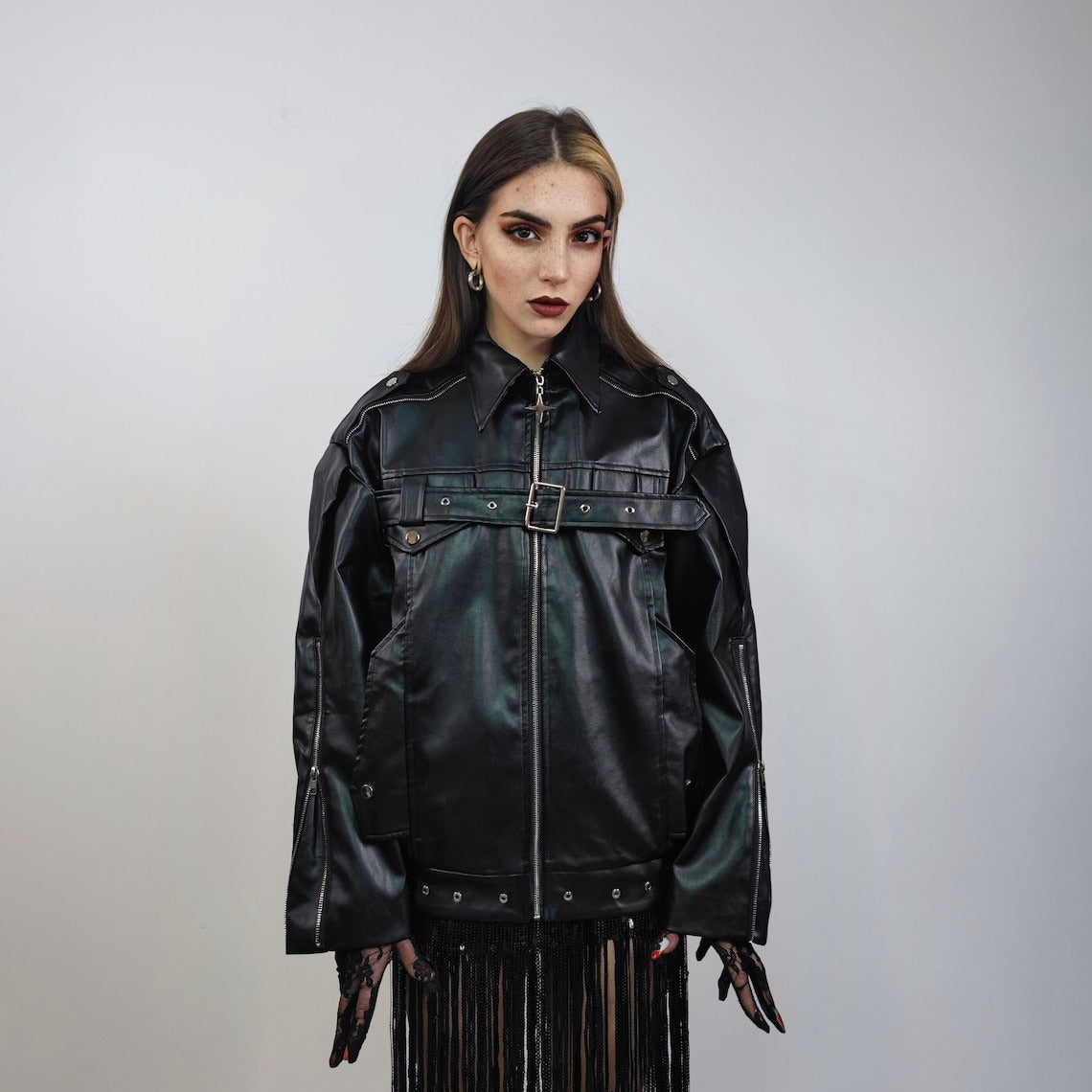 Faux leather biker jacket grunge motorcycle bomber PU utility coat belted racing trench rave varsity rubber high fashion gothic puffer black