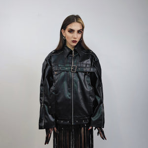 Faux leather biker jacket grunge motorcycle bomber PU utility coat belted racing trench rave varsity rubber high fashion gothic puffer black