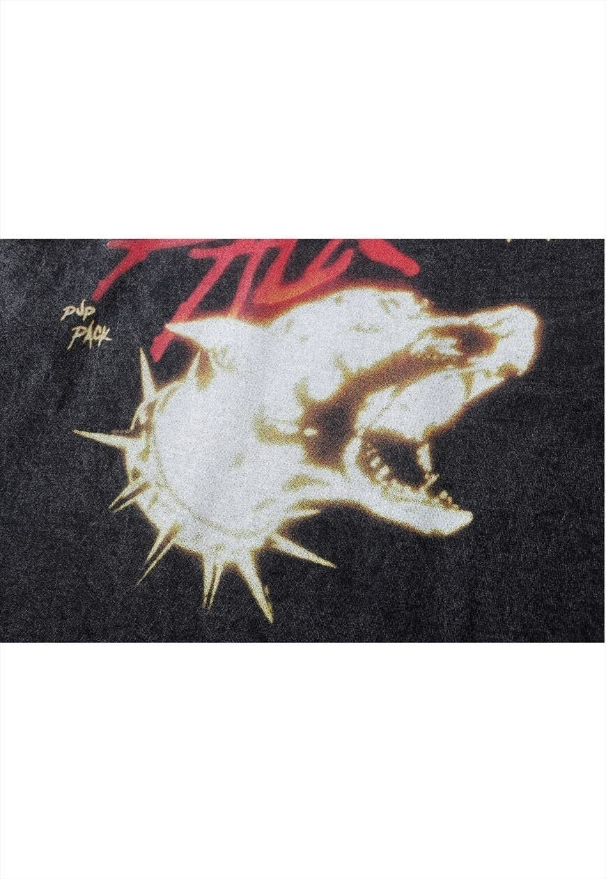 Barking dog t-shirt vintage wash animal print long tee grey