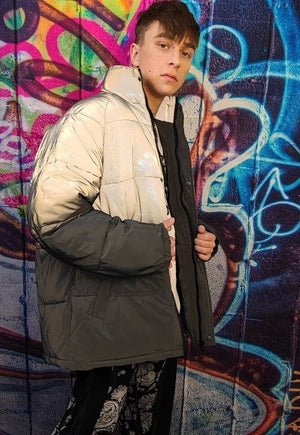 Reflective bomber luminous cotton padded puffer jacket grey