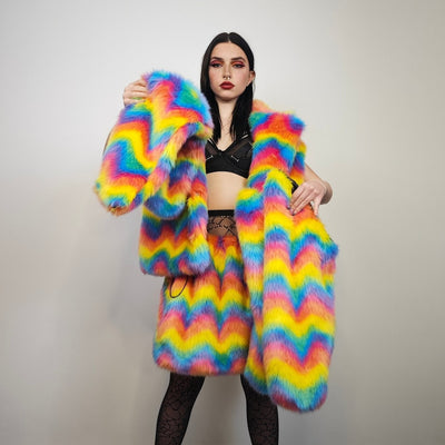 Rainbow faux fur coat cropped unicorn bomber fluffy carnival fleece detachable sleeves festival jacket burning man short luminous overcoat