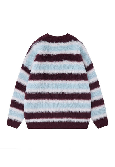 Striped sweater fluffy knitted jumper soft fleece in brown