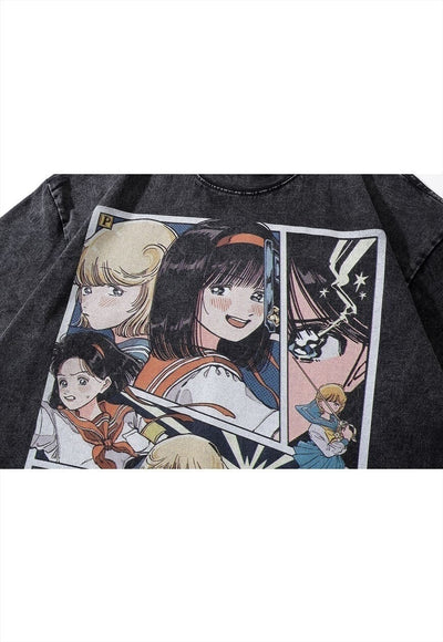 Anime t-shirt Japanese vintage wash top cartoon long tee