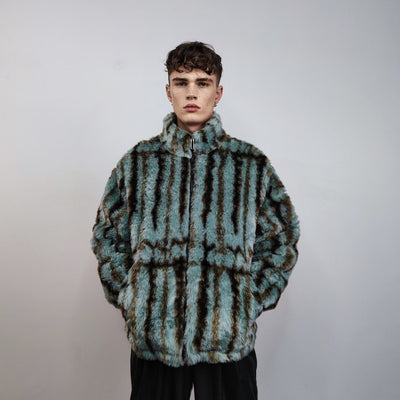 Tie-dye faux fur jacket striped coat grunge fleece imitation bomber short fluffy coat festival overcoat gorpcore sports peacoat green brown