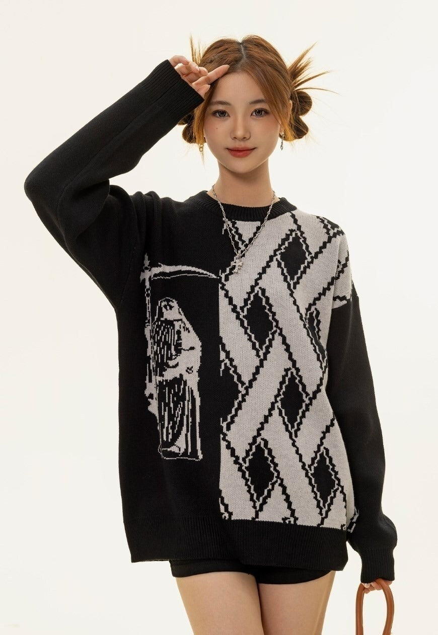 Grim reaper sweater knitted retro Gothic pattern jumper