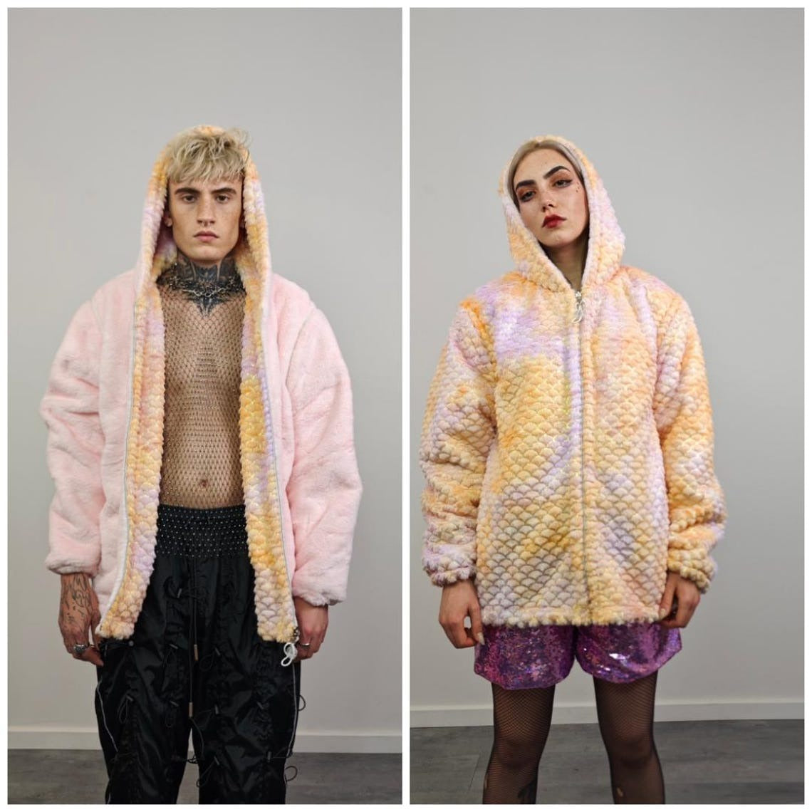 Tie-dye mermaid jacket orange reversible fleece hood faux fur bomber retro geometric coat burning man overcoat fluffy golden festival set