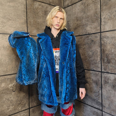 Luxury faux fur snake coat python print bomber handmade detachable fluffy jacket fleece puffer premium grunge trench in blue