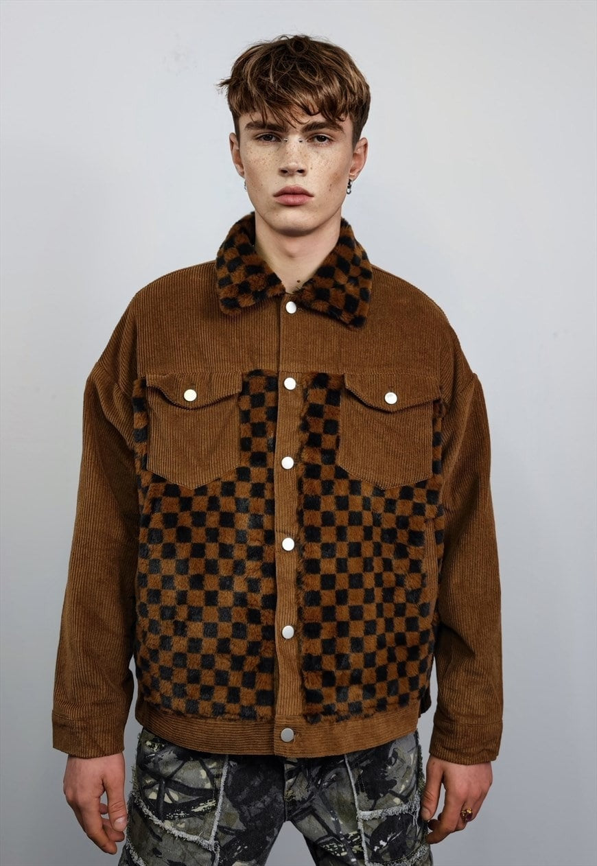 Checked velvet jacket SKA fleece patch bomber in brown