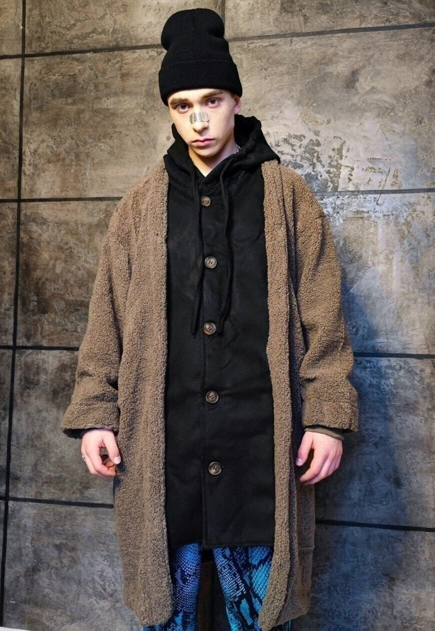 Double layer fleece jacket retro hooded bomber black brown