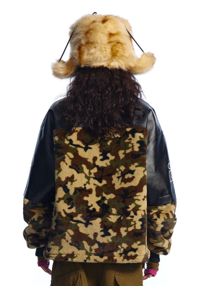 Camo fleece bomber military puffer contrast stitching coat