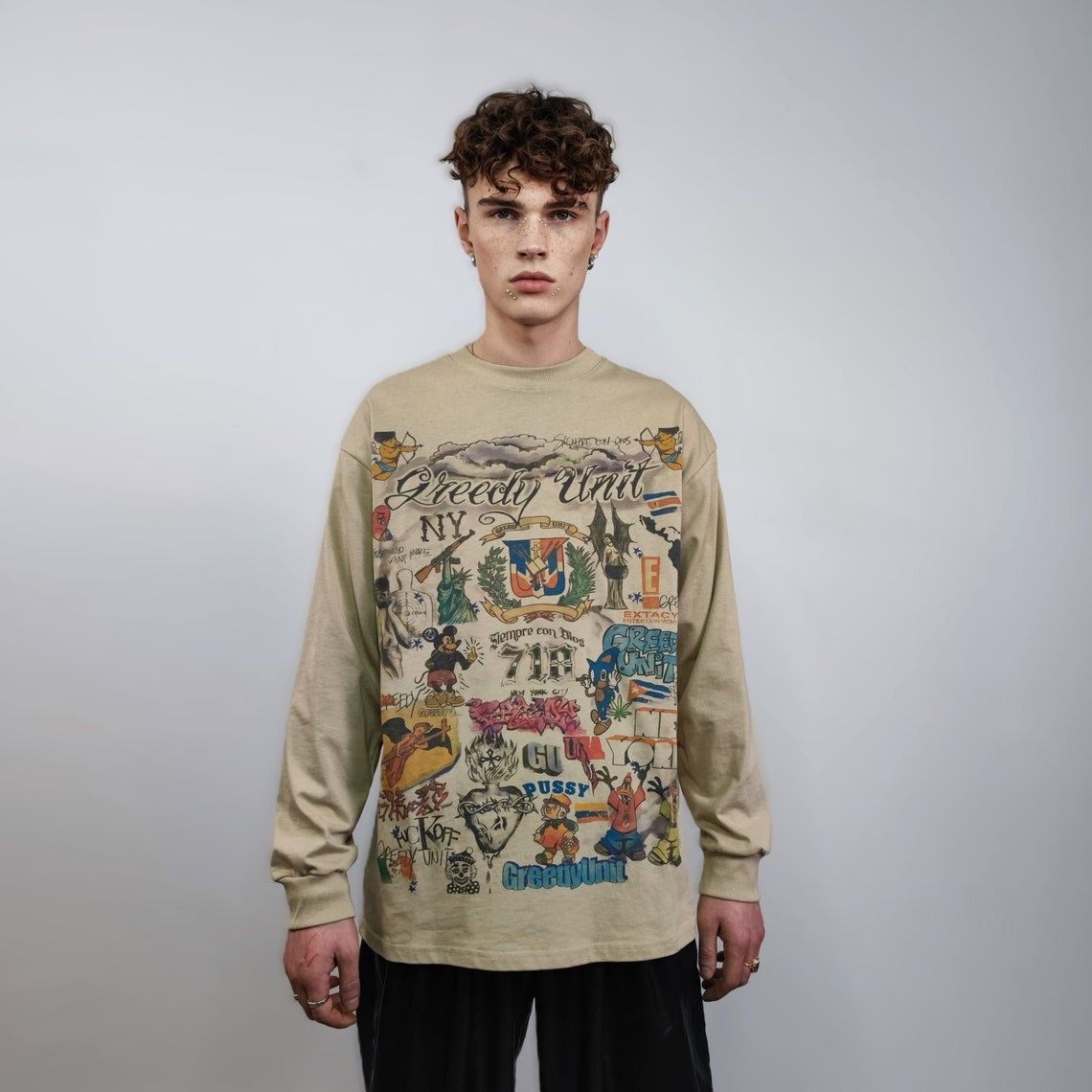 Pop art sweatshirt retro print top thin cartoon jumper gamer sweater psychedelic pullover Y2K print t-shirt in brown