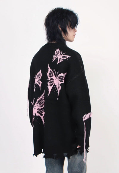 Distressed knitted jumper butterfly sweater ripped top black