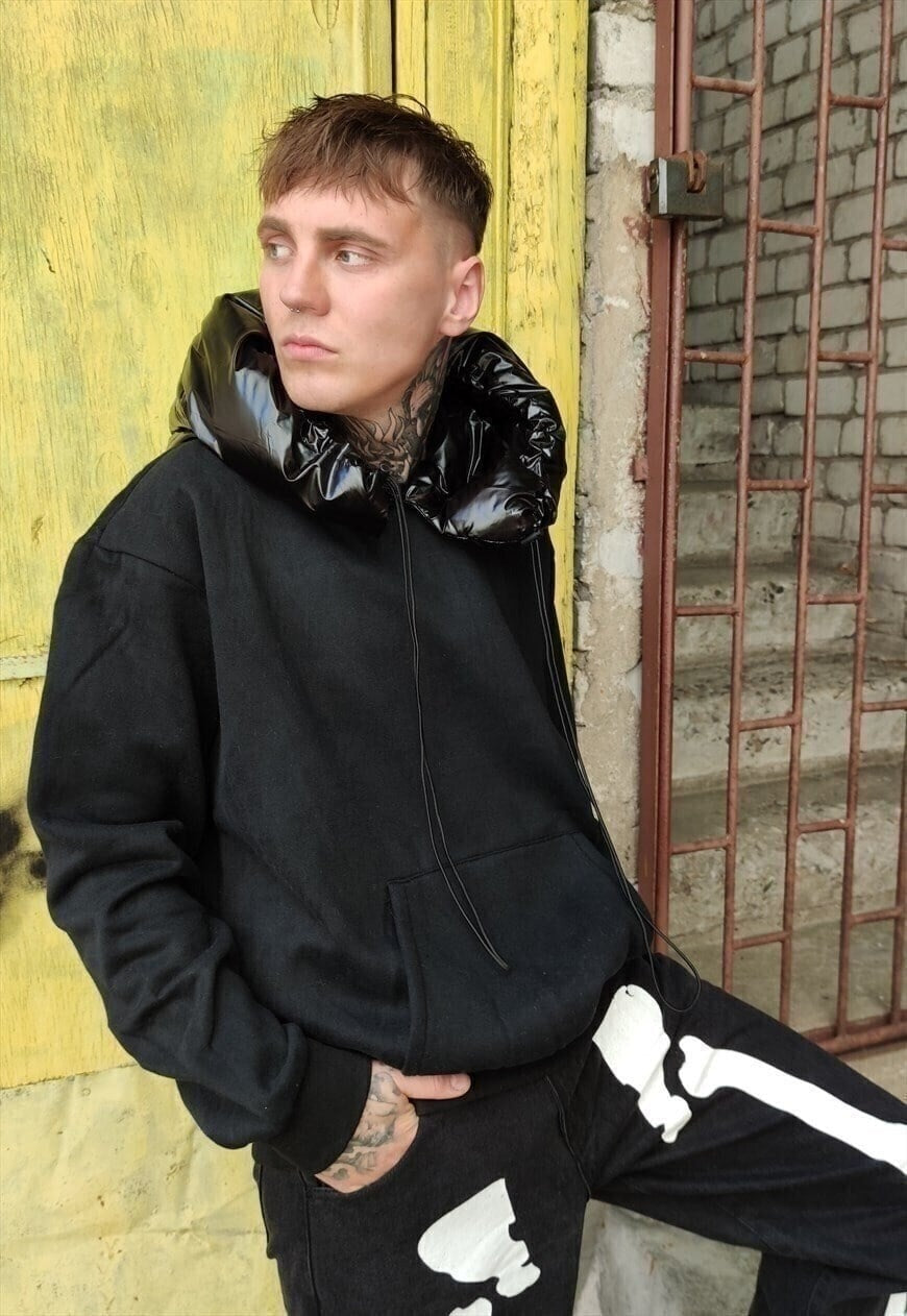 Technical padded hoodie velvet look rave hooded jumper black
