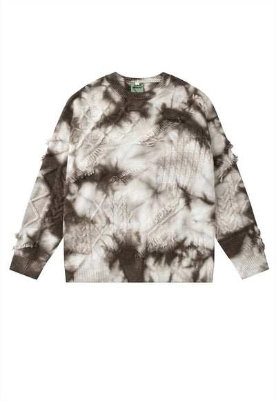 White tie-dye sweater cable knitted distressed grunge jumper