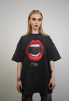 Red lips t-shirt mouth print tee grunge top in vintage grey