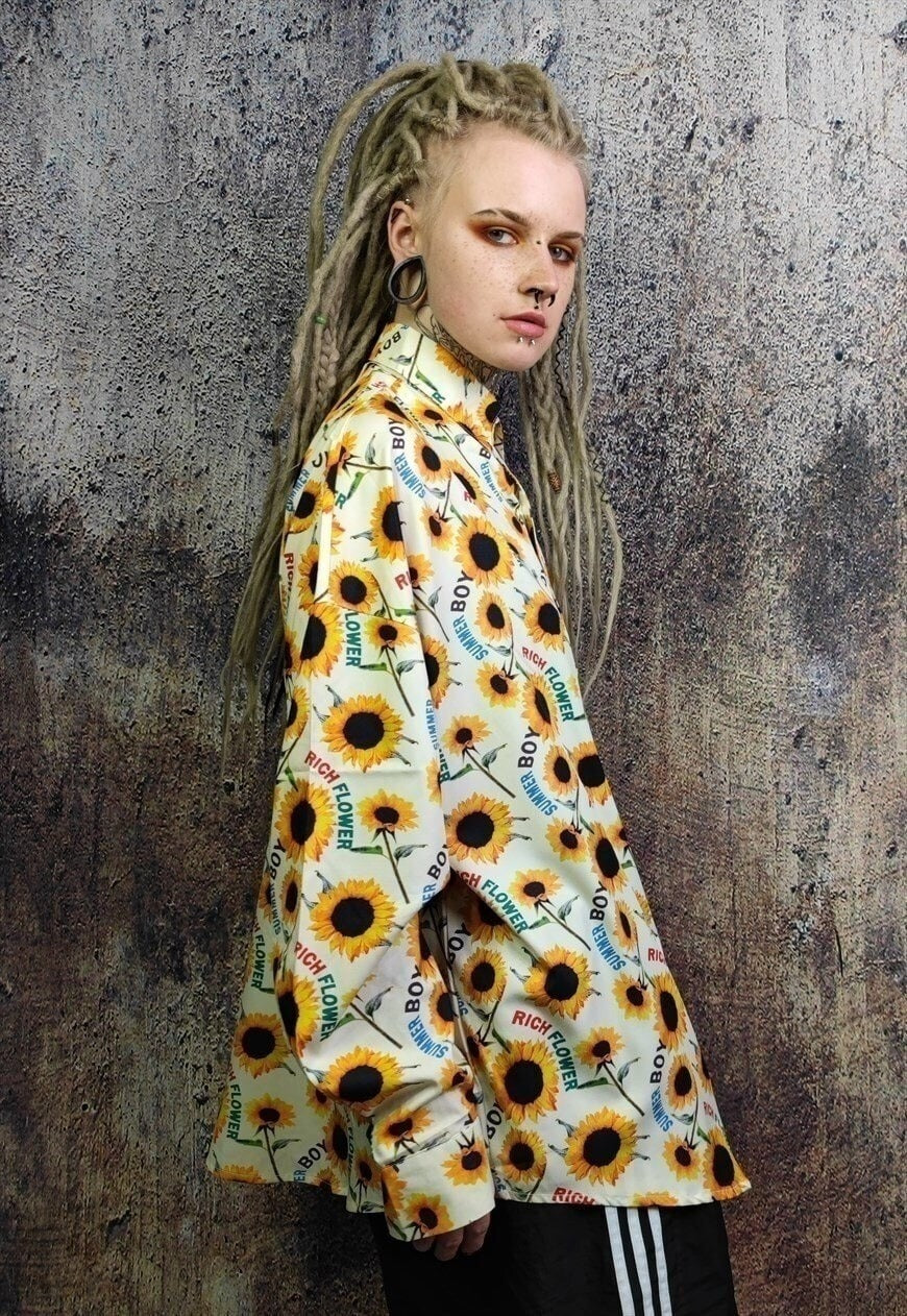 Sunflower shirt floral print long sleeve top in white yellow