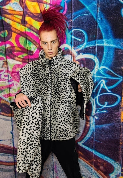 Leopard fleece hooded jacket handmade animal print bomber